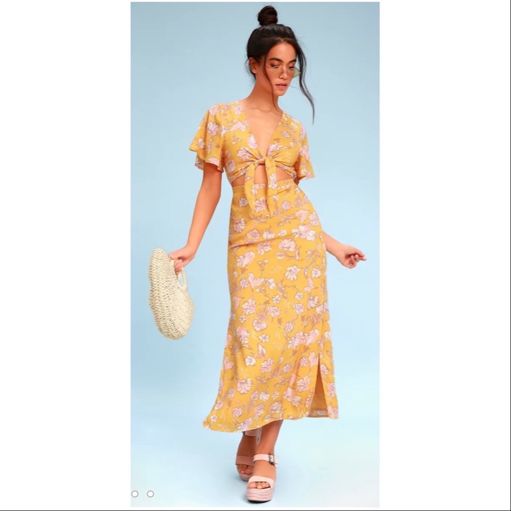 Amuse Society Yellow Floral Tie-Front Midi Dress